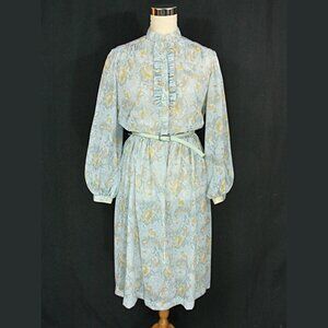 Vintage Kenny Classics Pastel Blue Floral Sheer Belted Shirtwaist Dress 1970s S